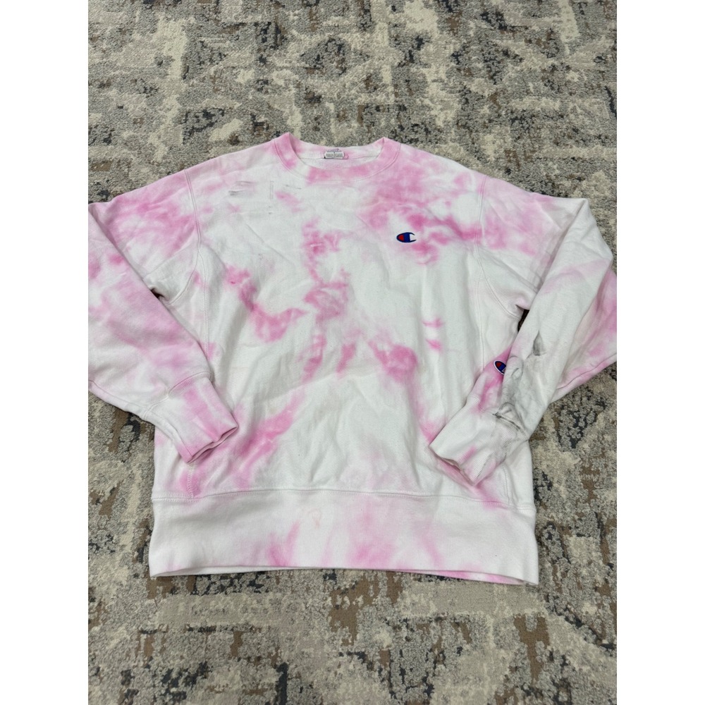Champion Reverse Weave Tie Dye Pink White Crewneck Sweatshirt Mens Medium